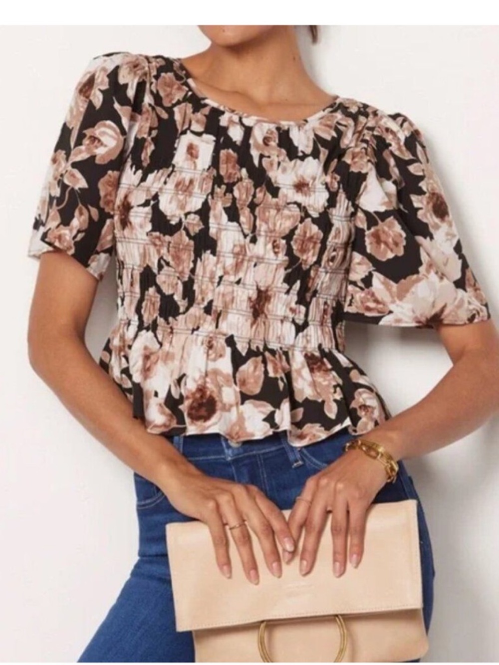 Rails Rosie Smocked Blouse Peplum Style Sepia Roses Sz X-Large Like New XL